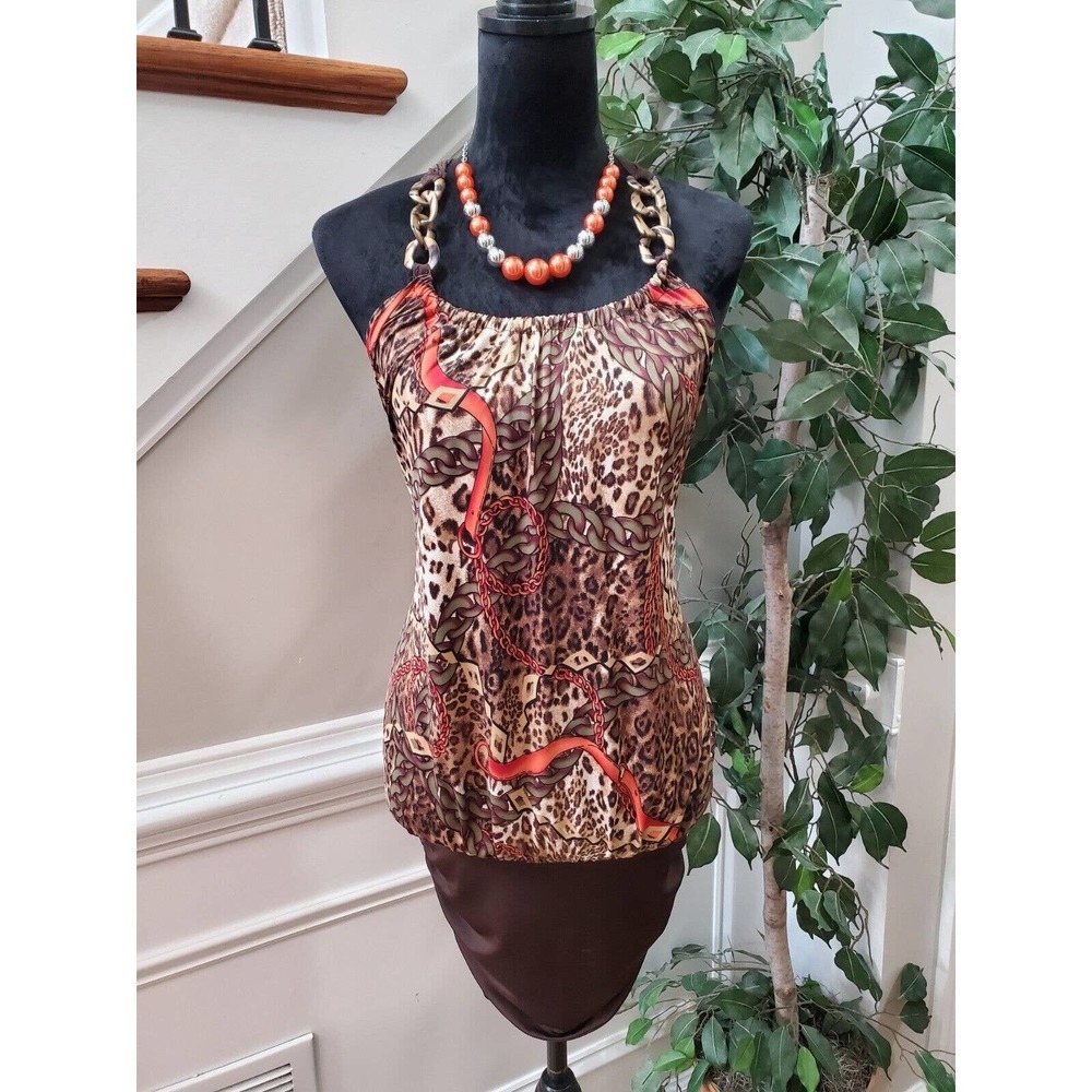 Vizio Women Brown Polyester‎ Sleeveless Round Neck Casual Top Blouse Size Medium